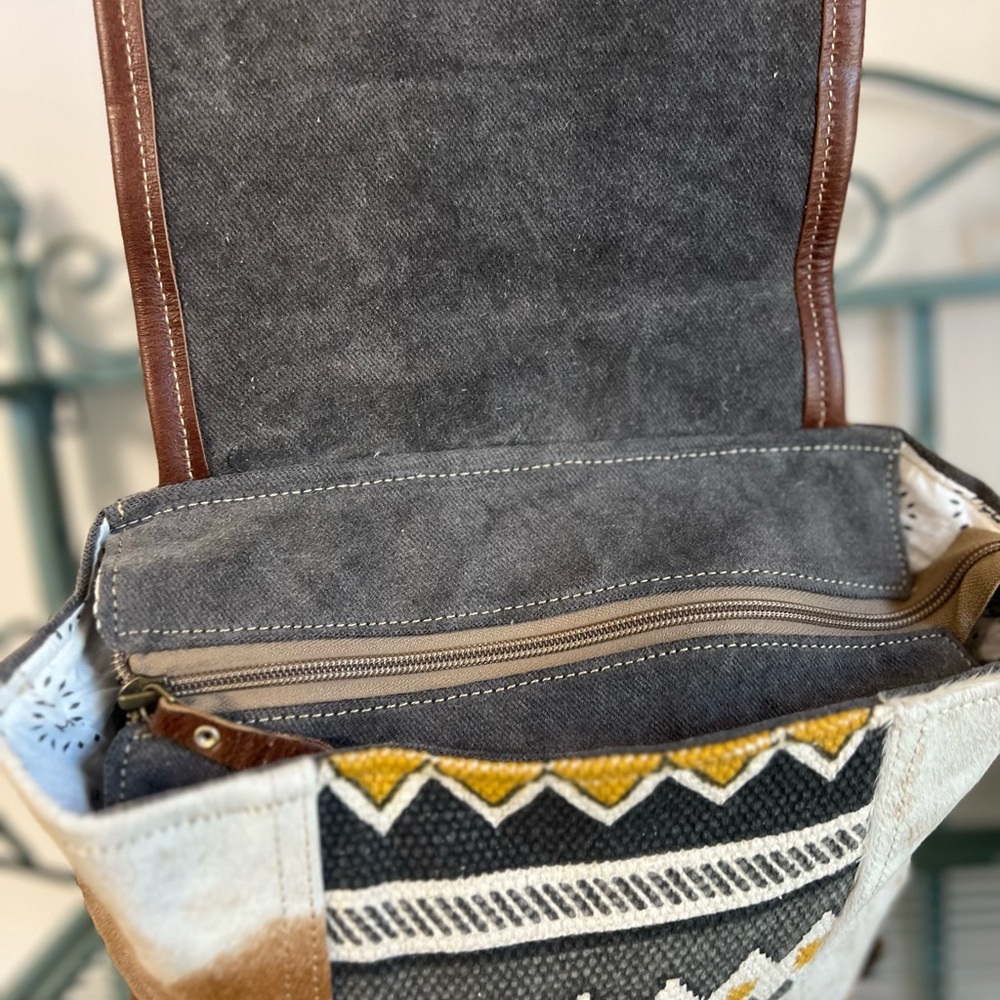 Myra Cowhide Leather Backpack Western Canvas Rug Boho Tribal School Travel Bag - Picture 12 of 12